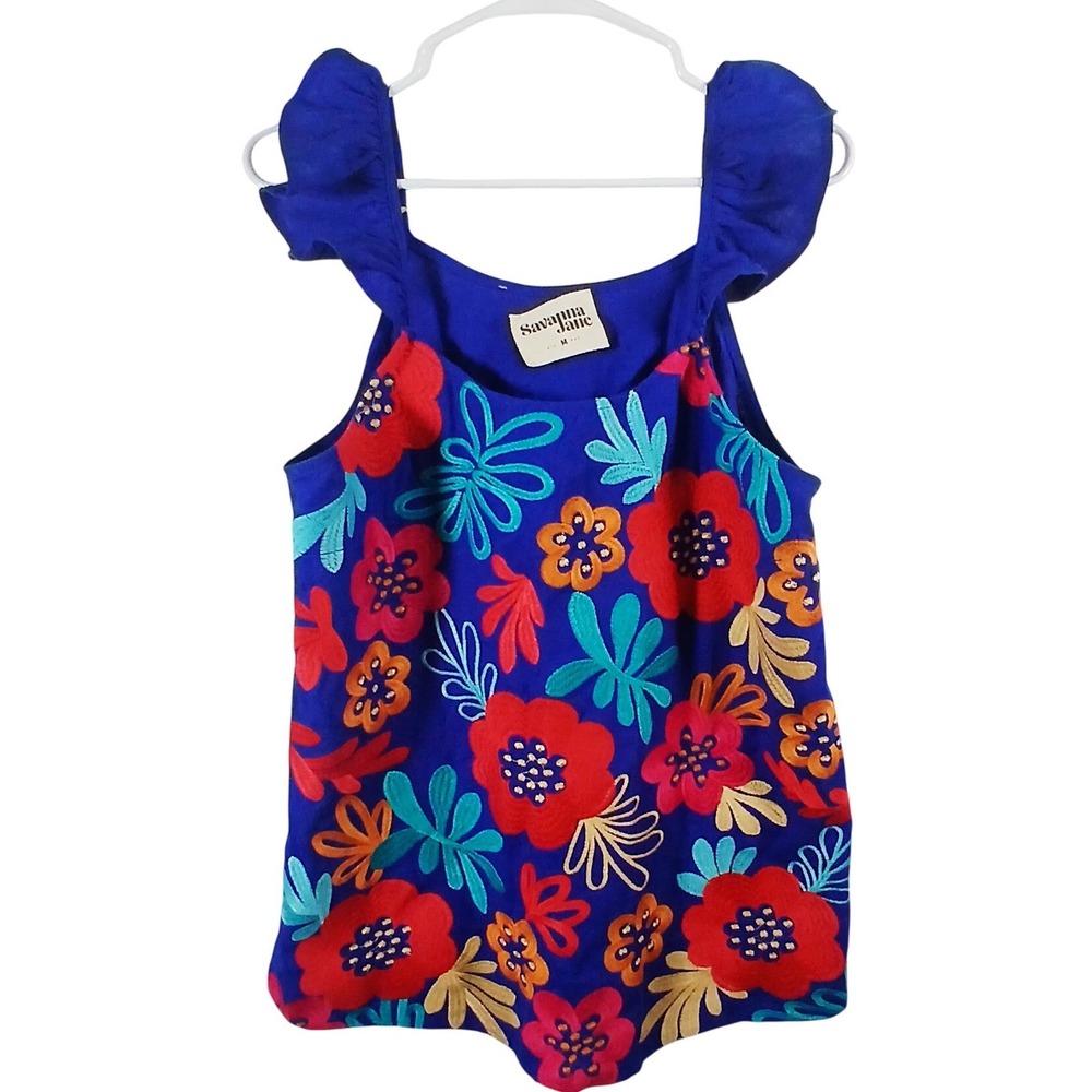 Savanna Jane Embroidered Floral Tank Top Blue Ruffle Strap Cotton Linen Medium